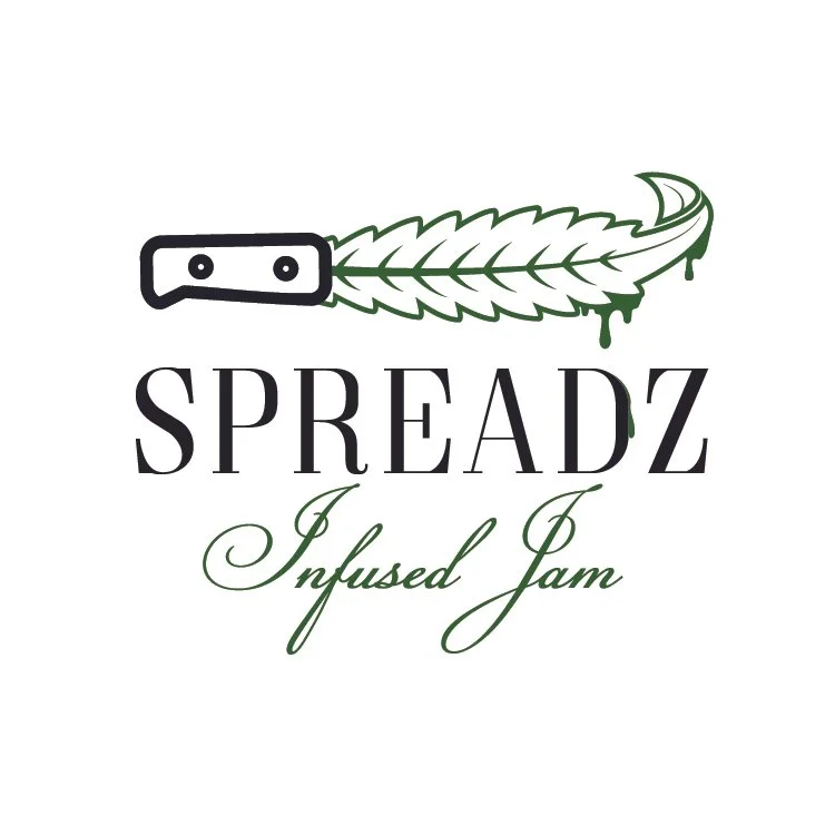 Logo for Spreadz Infused Jam featuring a stylized green leaf with a black outline and two black dots at the base, with the brand name 'SPREADZ' and the slogan 'Infused Jam' written in elegant script.
