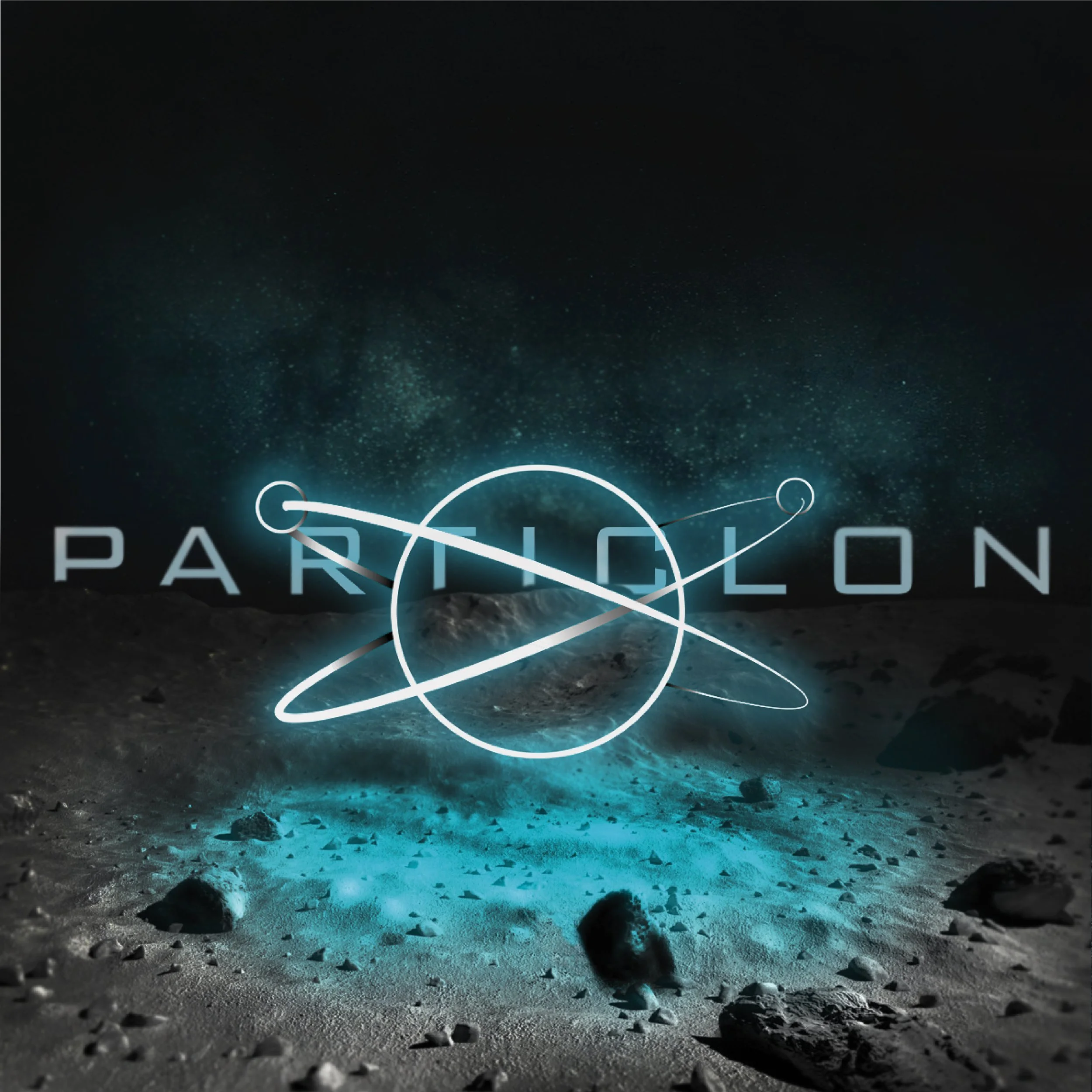 A space-themed graphic with the word 'PARTICON' across a starry sky. A glowing planetary orbit graphic overlays a lunar-like surface with rocks and craters.