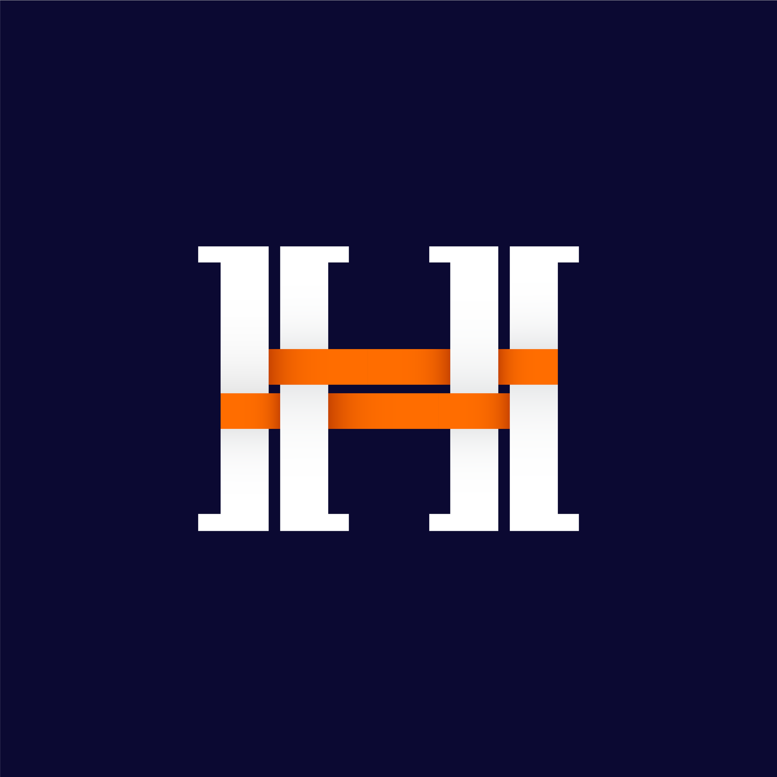 Stylized letter H with white fonts and orange horizontal bars connecting the middle sections, set against a dark navy background.