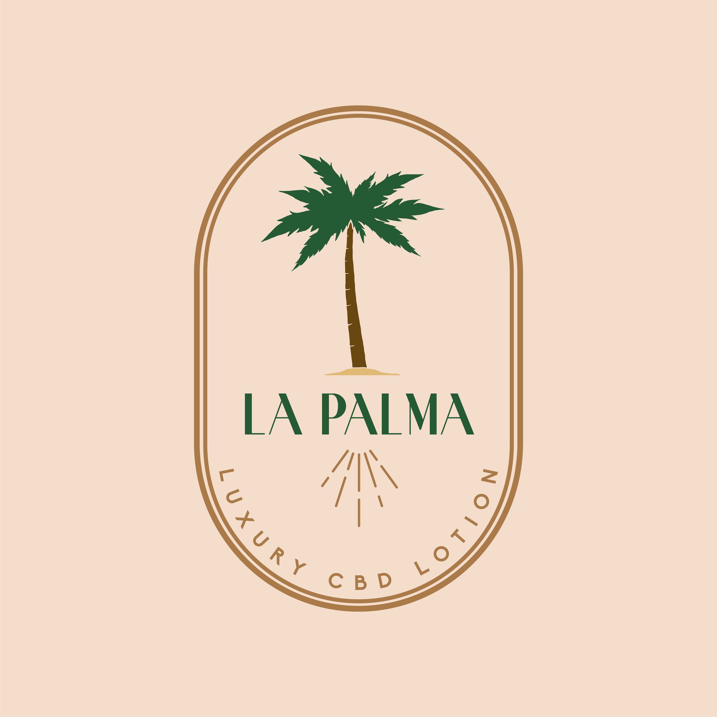 Logo for La Palma Luxury CBD Lotion featuring a palm tree and stylized rays of sunlight, with green and brown text.