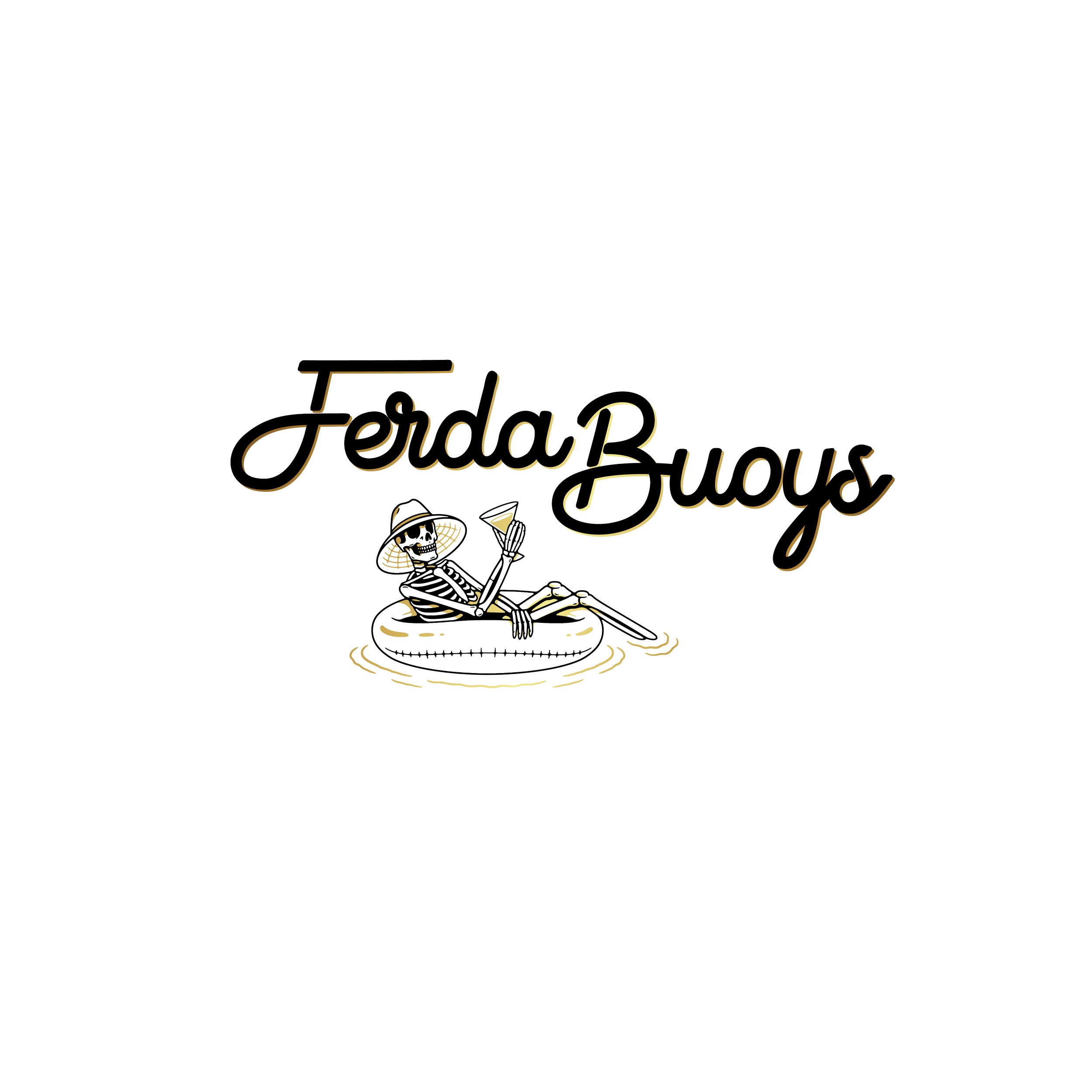 Logo for Ferda Buoys featuring a skeleton in sunglasses and a sunhat relaxing in a pool float, holding a martini glass, with cursive text 'Ferda Buoys' above.
