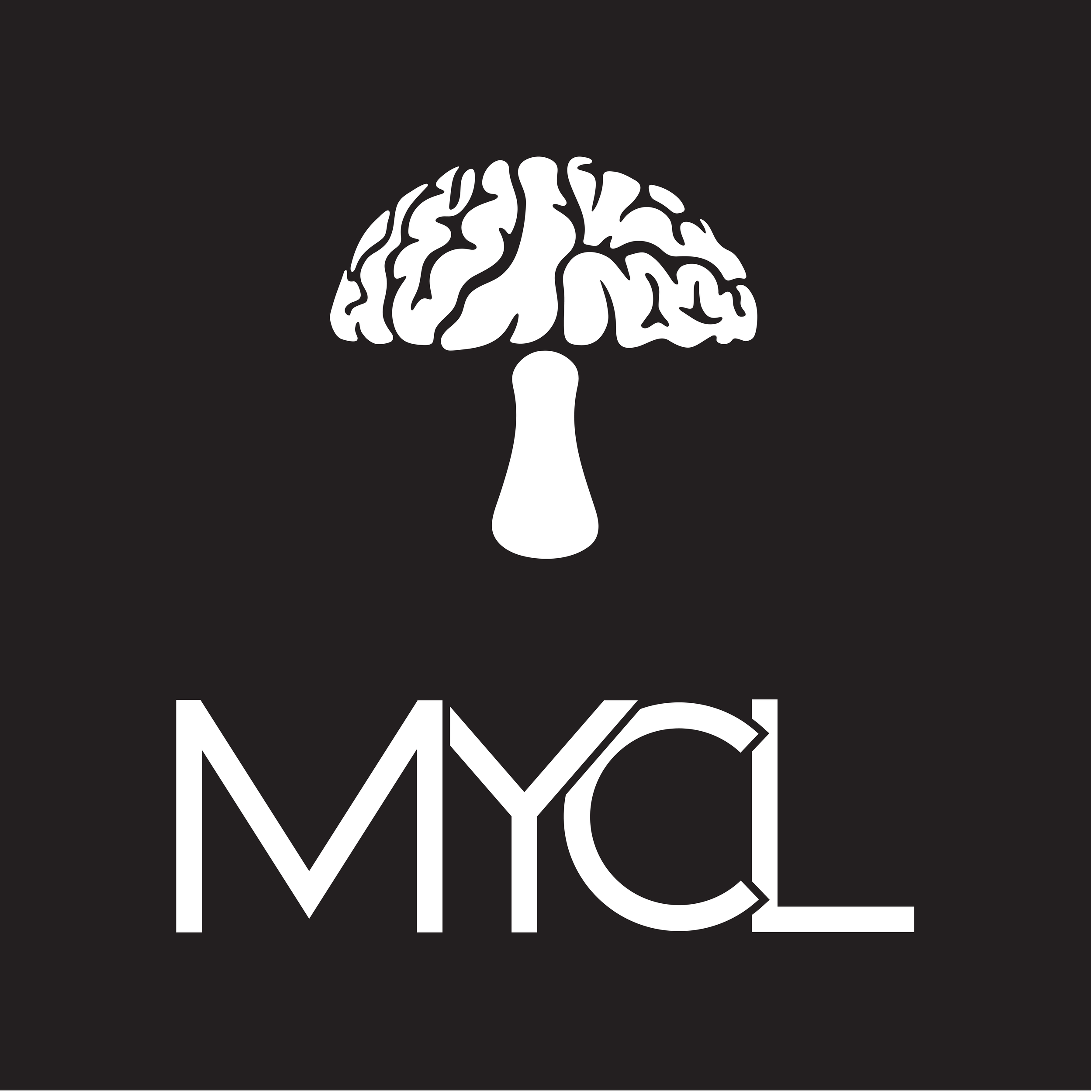 A black background with a white stylized mushroom that has a brain-like pattern on the cap, and the letters "MYCL" below it.