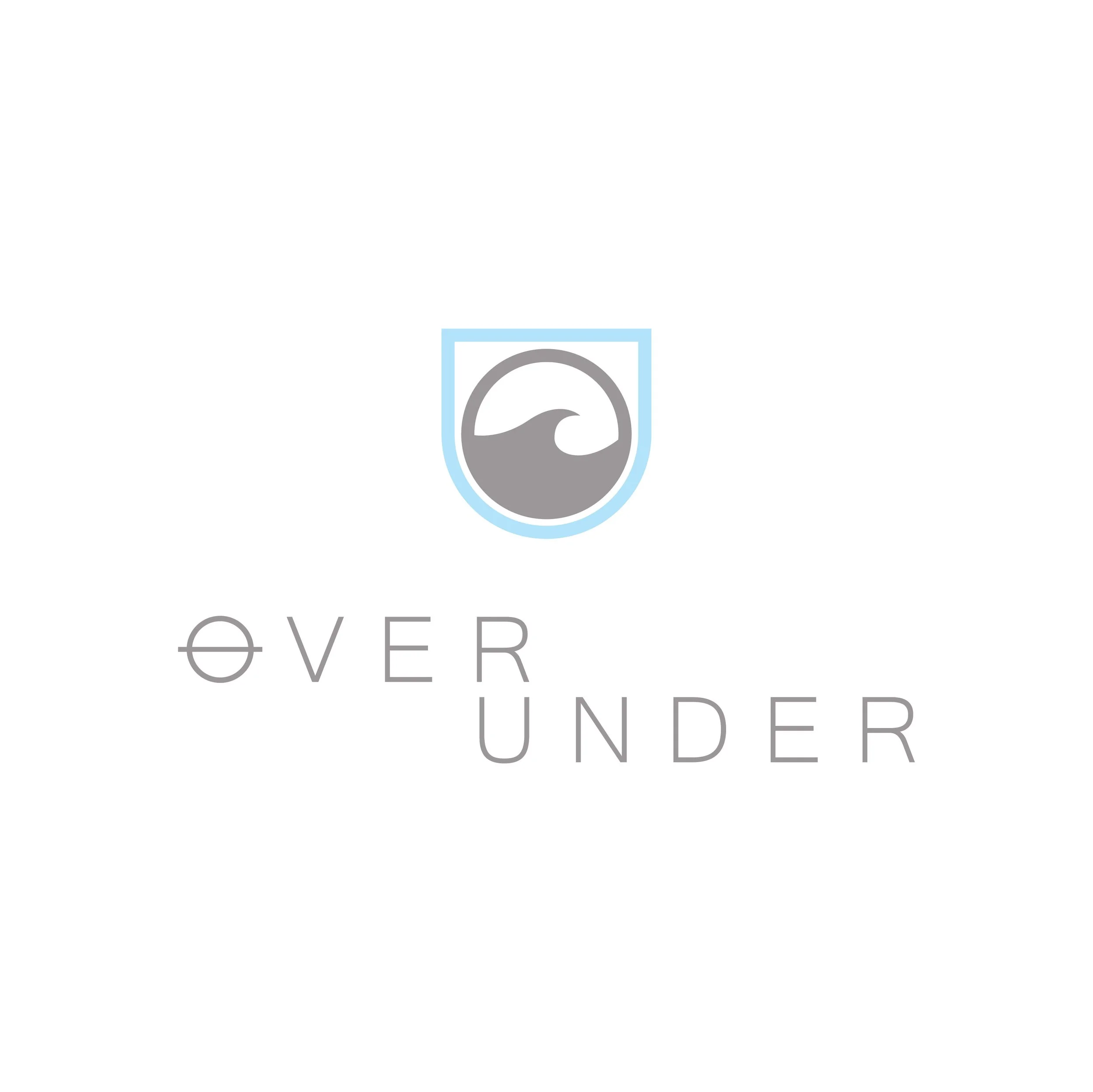 Logo with a shield emblem containing a wave symbol above the words "OVER UNDER" in gray text.