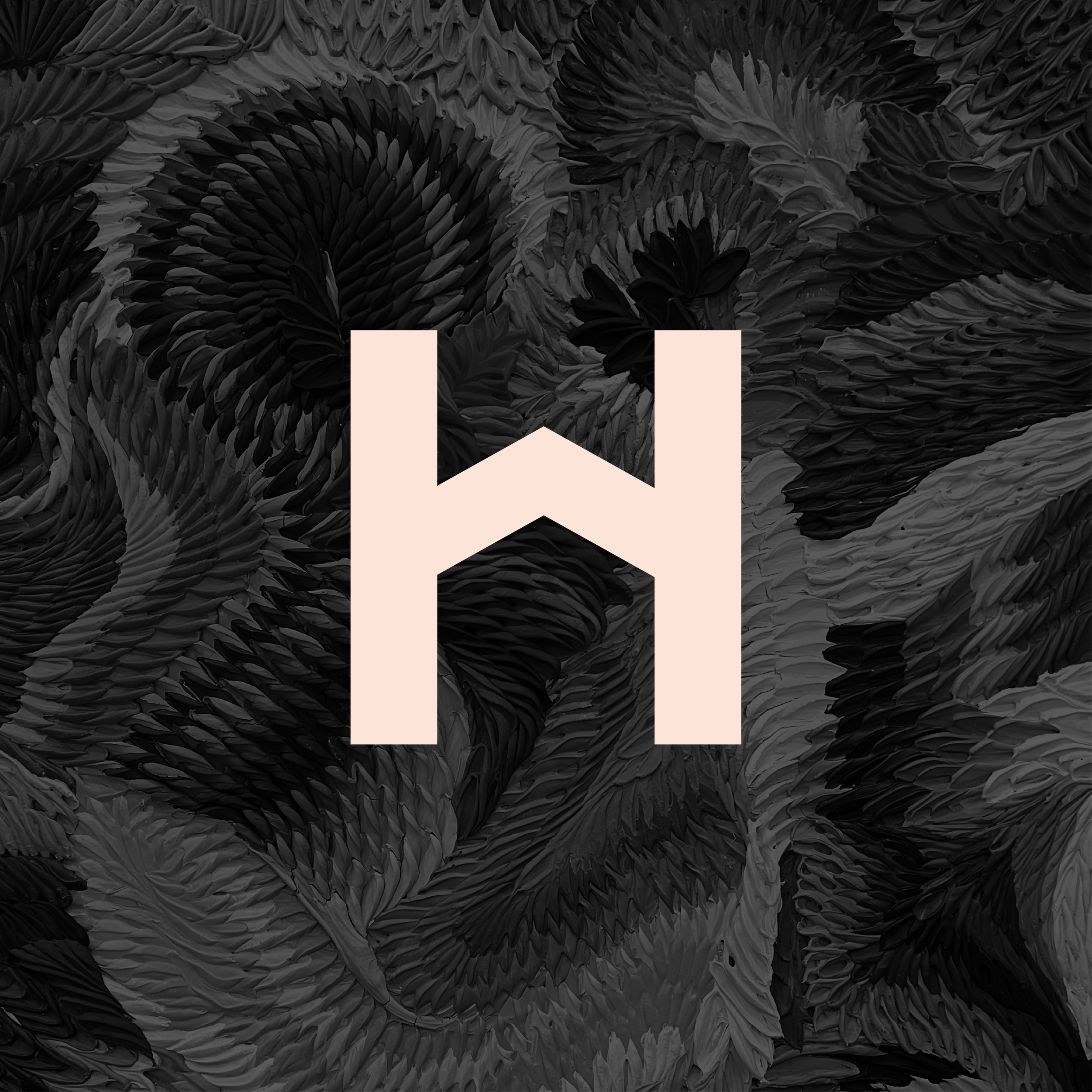 A large, light pink letter 'H' over a dark, textured abstract background with swirling feather-like patterns.