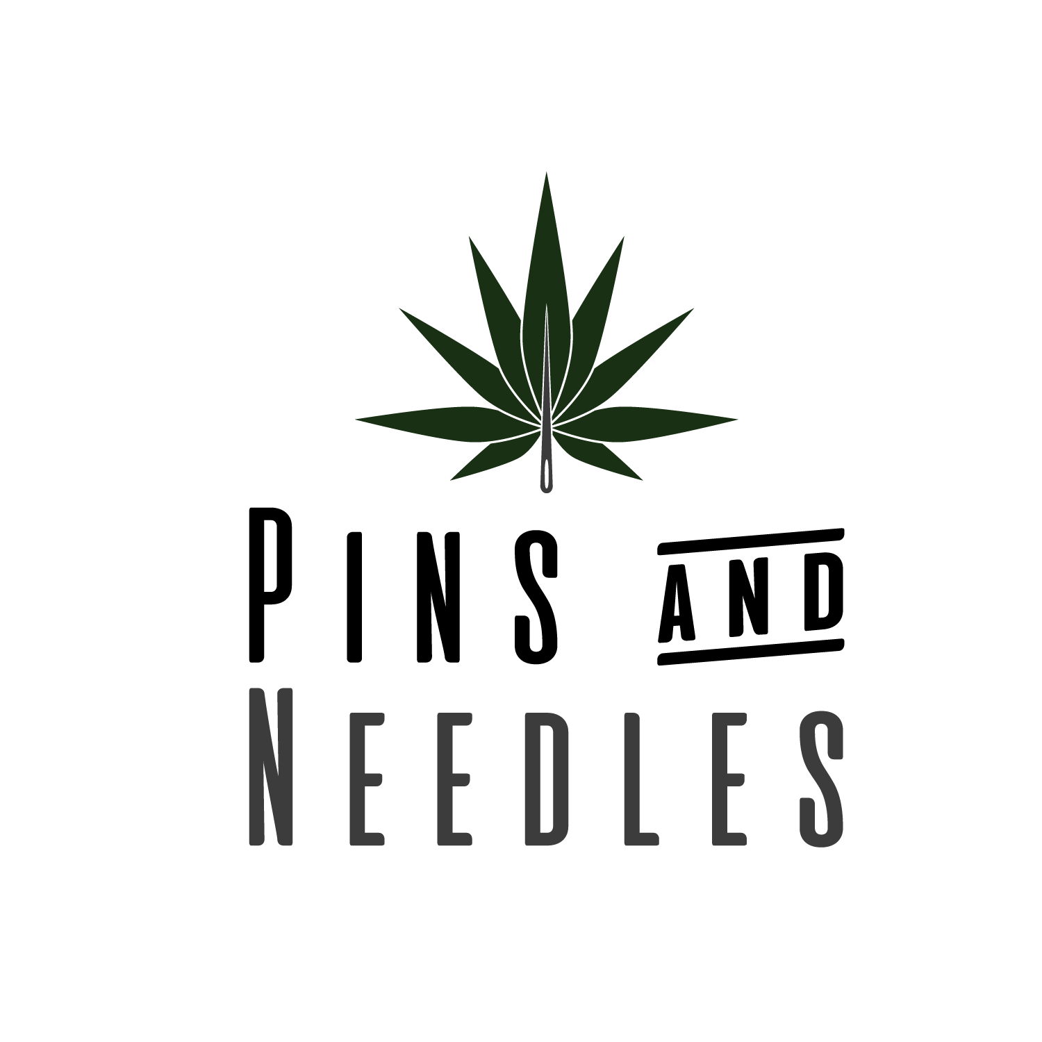 Logo of a cannabis leaf with scissors in the center, and the word "Needles" written below.
