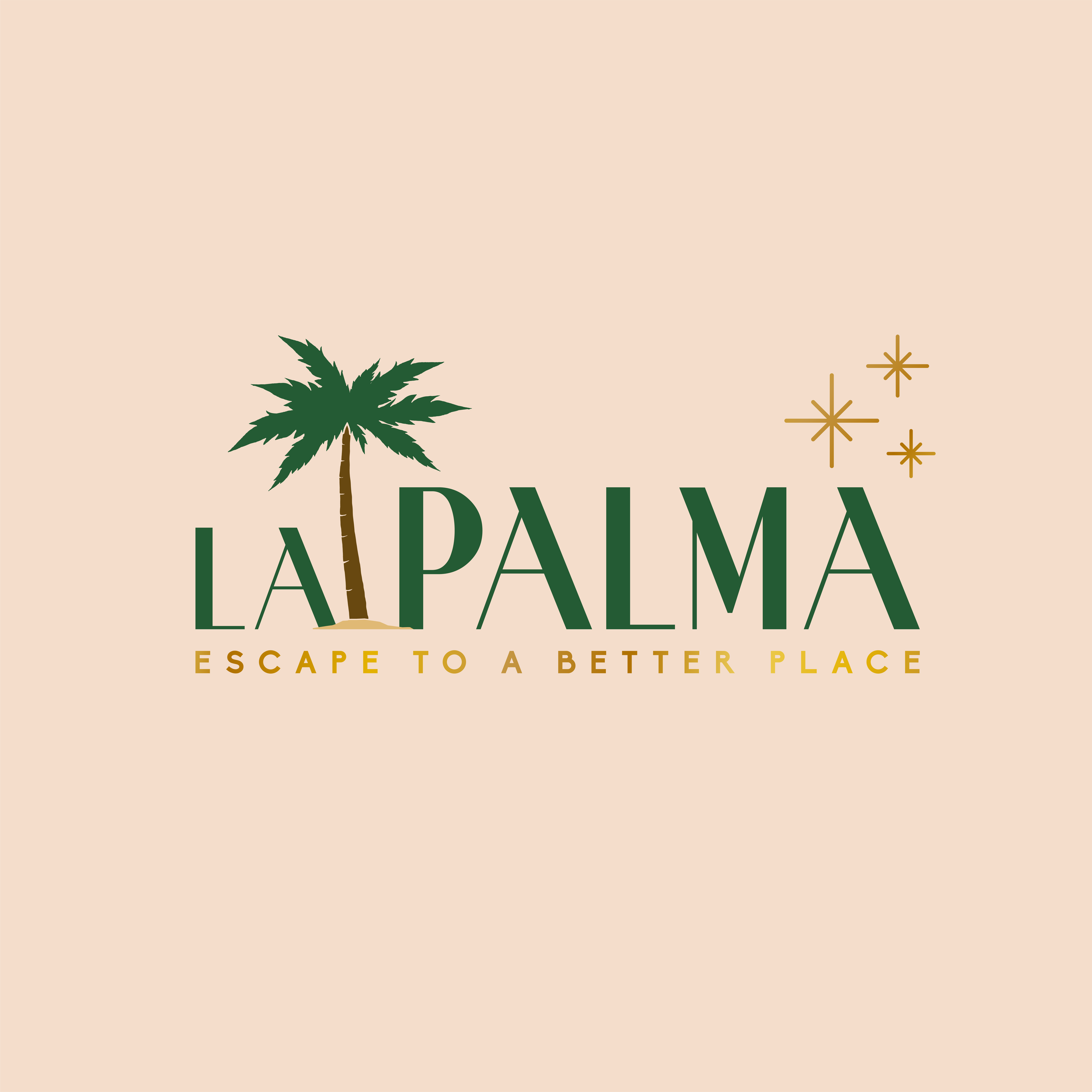 A logo with the text 'La Palma' featuring a palm tree attached to the 'L' and 'A', with gold stars and the tagline 'Escape to a Better Place' on a light pink background.