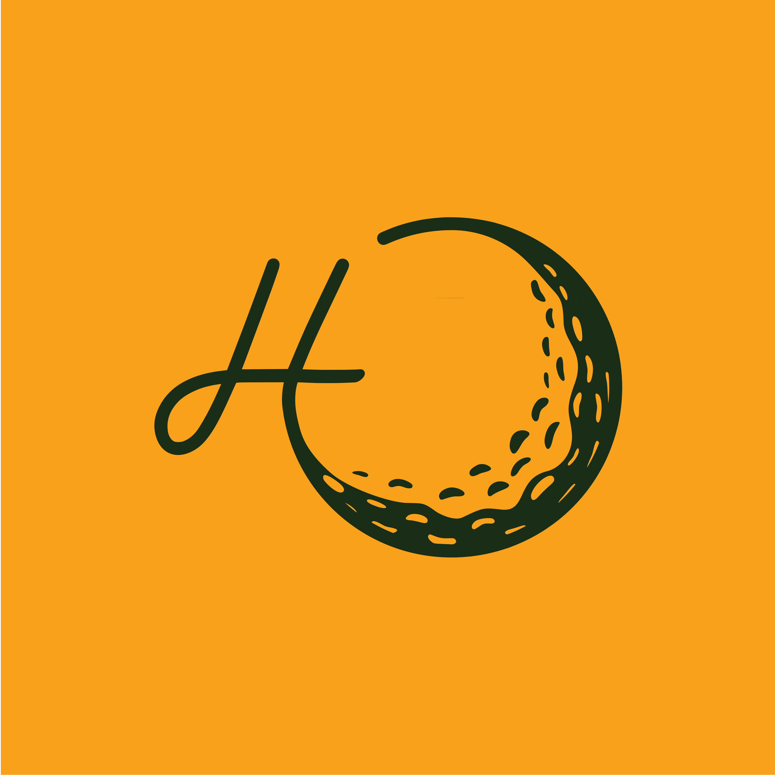 A black handwritten-style letter 'H' and a stylized orange baseball with dark lines on an orange background.