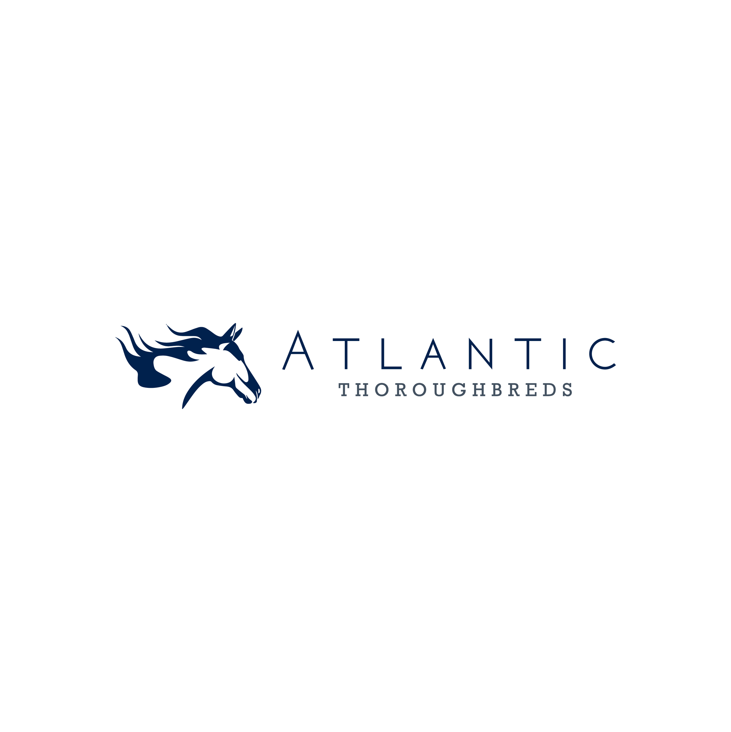 Logo featuring a stylized navy blue horse head with flowing mane, and text reading 'Atlantic Thoroughbreds' in modern font.