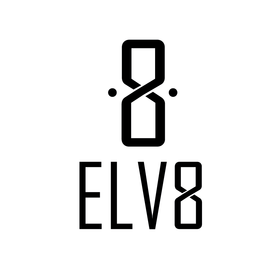 A black and white logo featuring a stylized number 8 with double helix design elements, and the word "ELV8" written below.