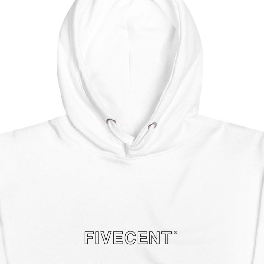 White hoodie with the word 'FIVECENT' printed on the front.
