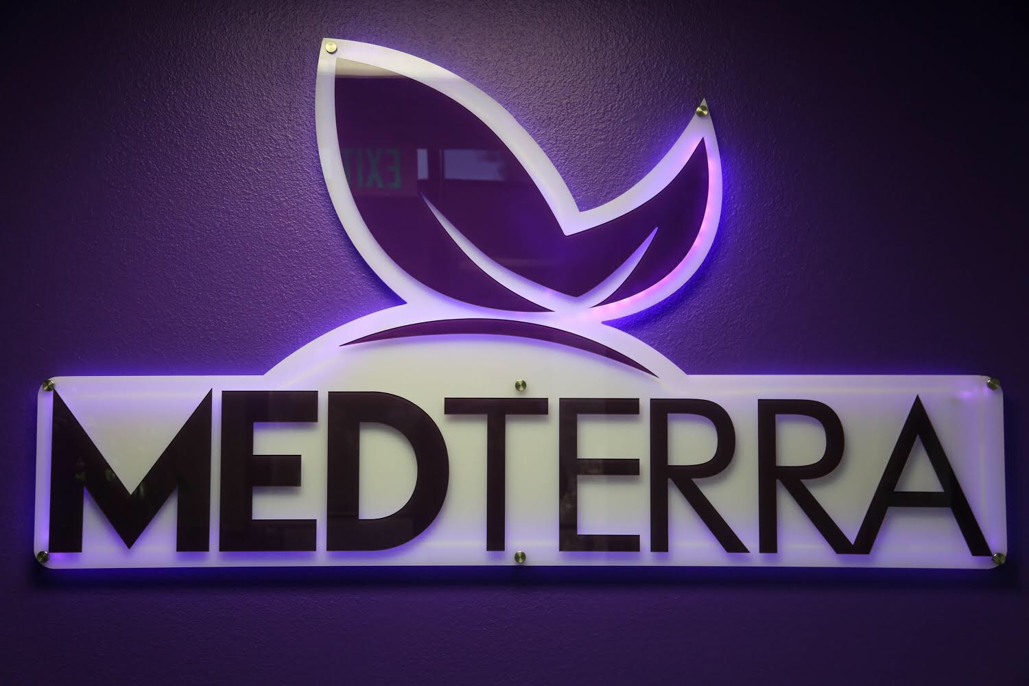 Neon sign with a stylized leaf logo and the word 'MediterrA' in bold black letters on a white background, illuminated with purple light, mounted on a purple wall.