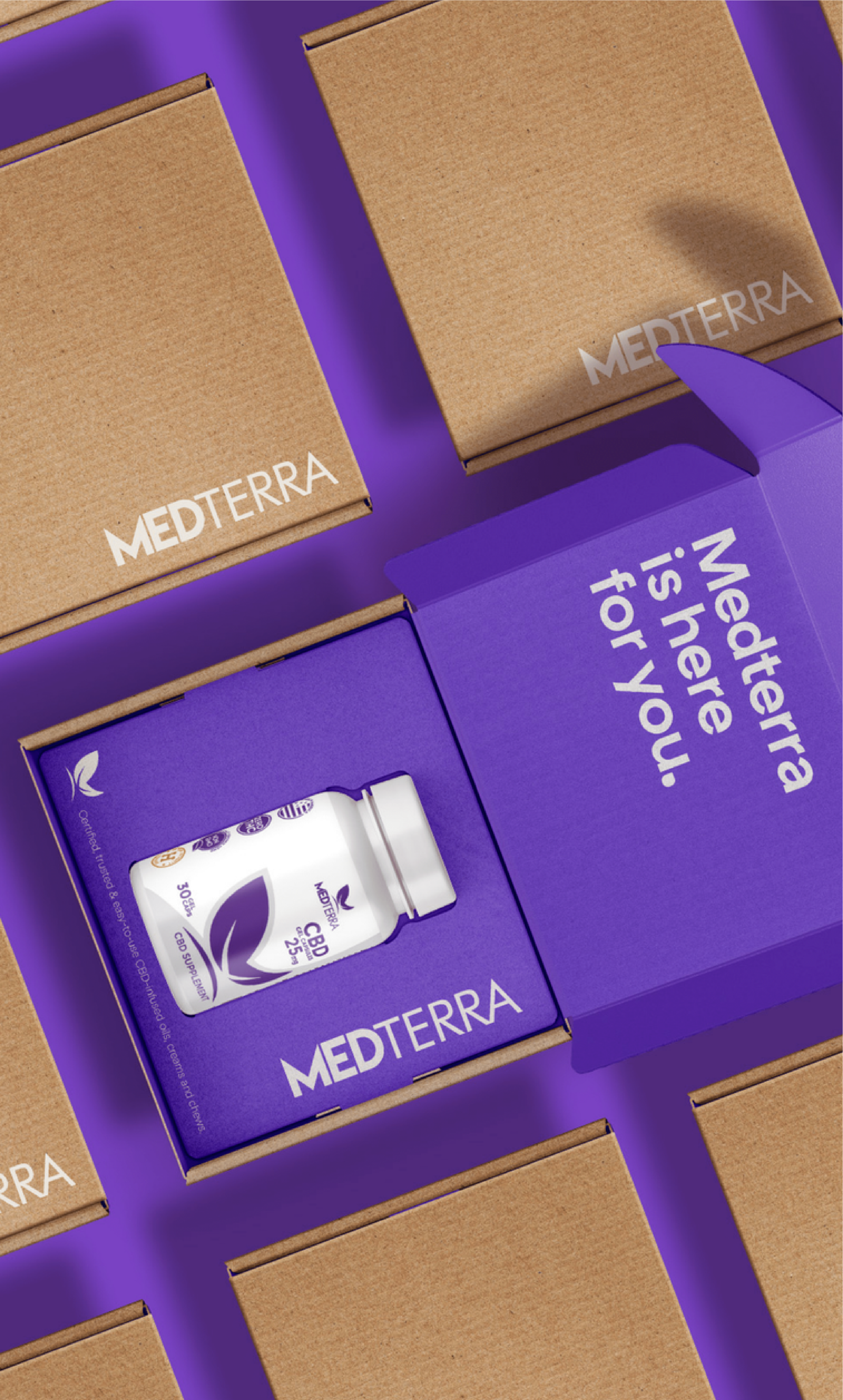 A purple and brown gift box with the message 'Medterra is here for you' written on the inside lid, containing a bottle of Medterra CBD supplements surrounded by plain brown boxes.