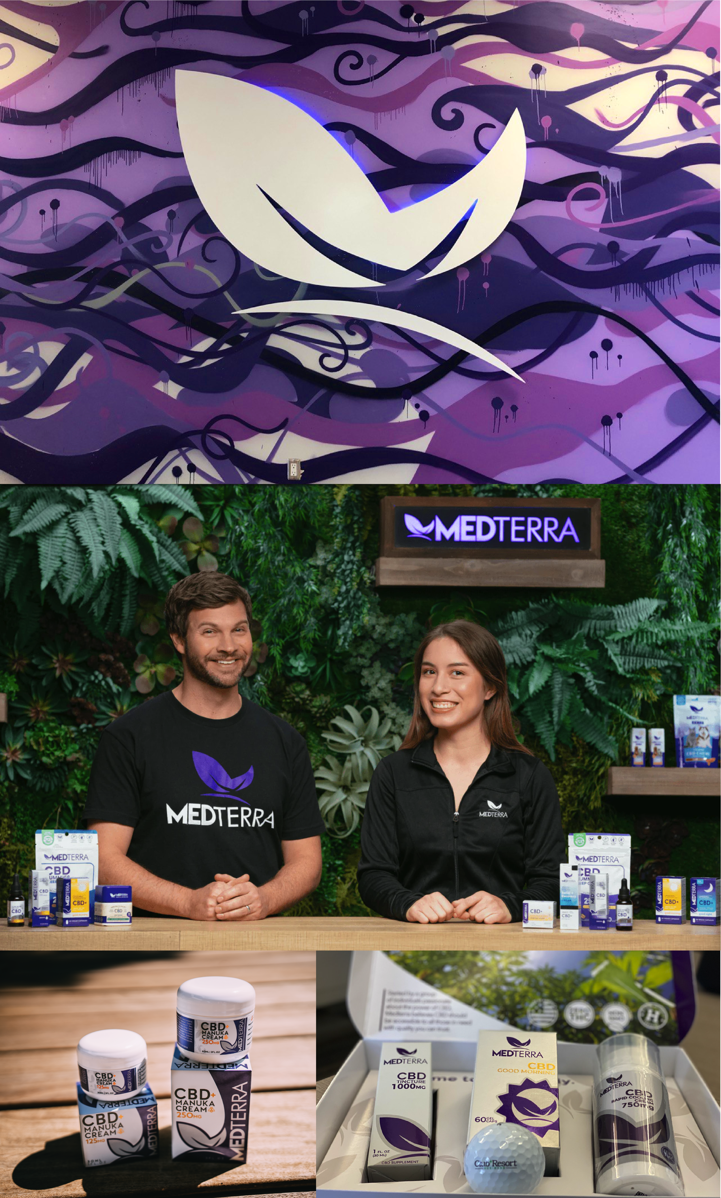 Wall art with a purple and black abstract leaf design, a MedTerra logo sign, two smiling people behind a wooden counter with CBD products, including creams and tinctures, in a green, plant-filled setting.