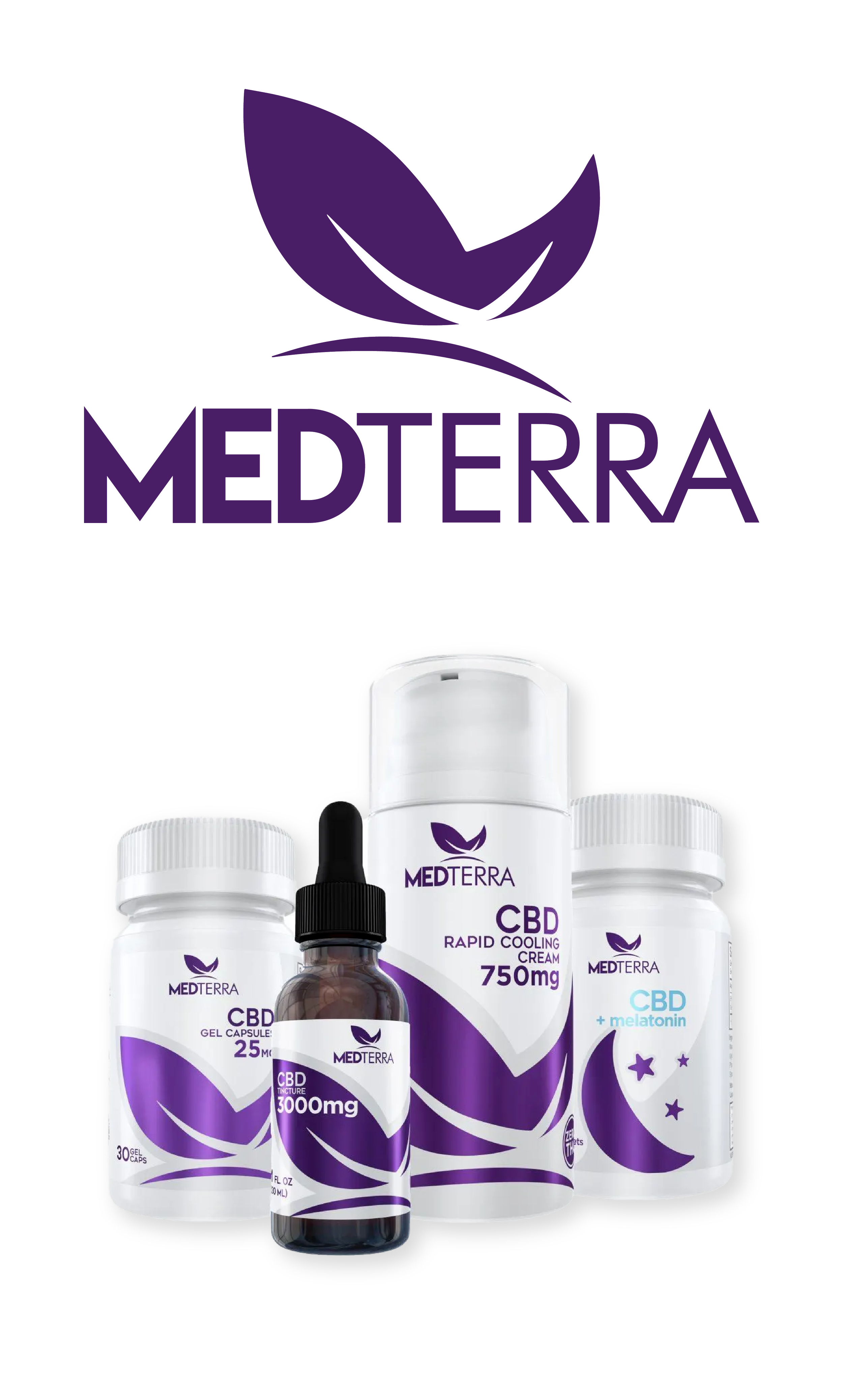 The image shows a collection of CBD products from MedTerra, including gel capsules, tincture, rapid cooling cream, and capsules with melatonin, all with purple and white labels, and the MedTerra logo above.