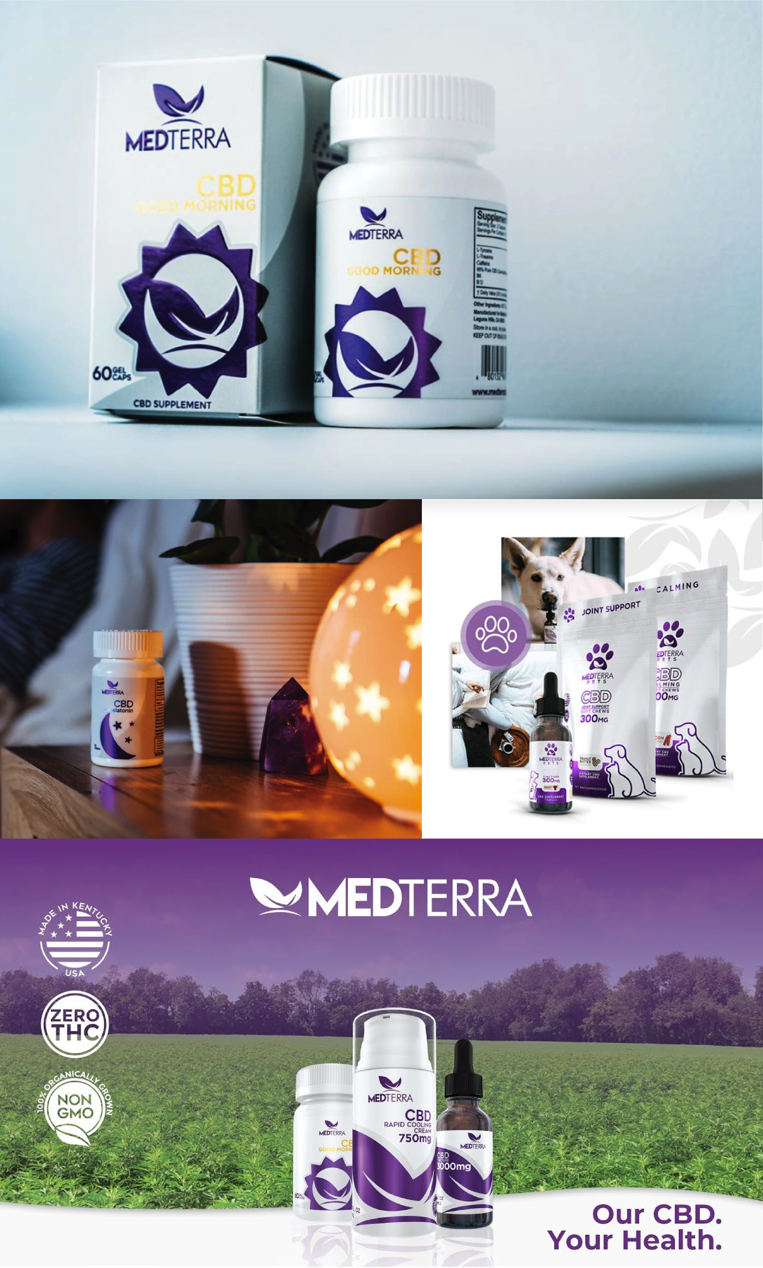 Collection of CBD products from MedTerra, including bottles and packages, set against various backgrounds.
