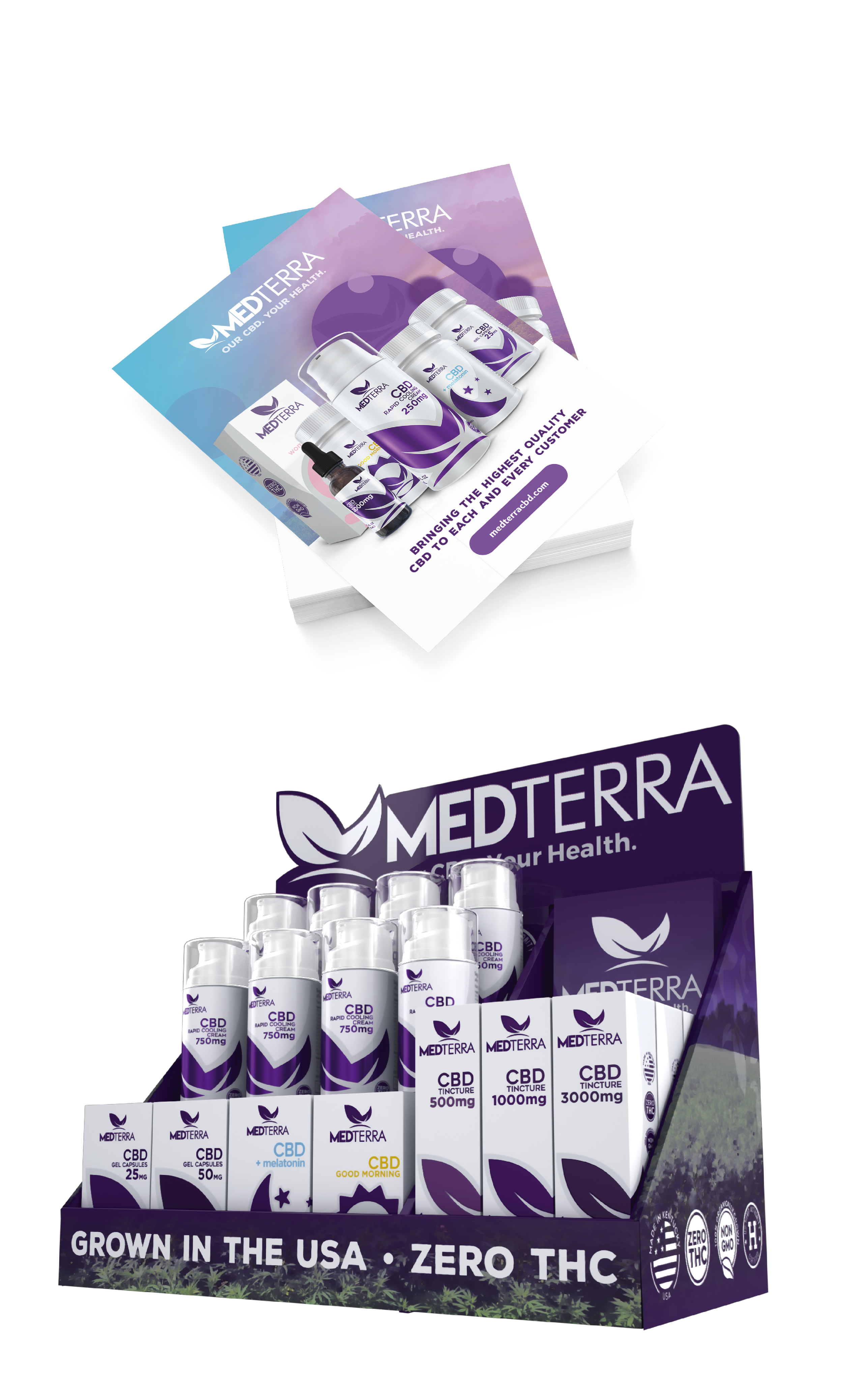 Display of Medterra CBD products, including bottles of CBD oil and capsules, with a promotional stand highlighting their quality and zero THC content.