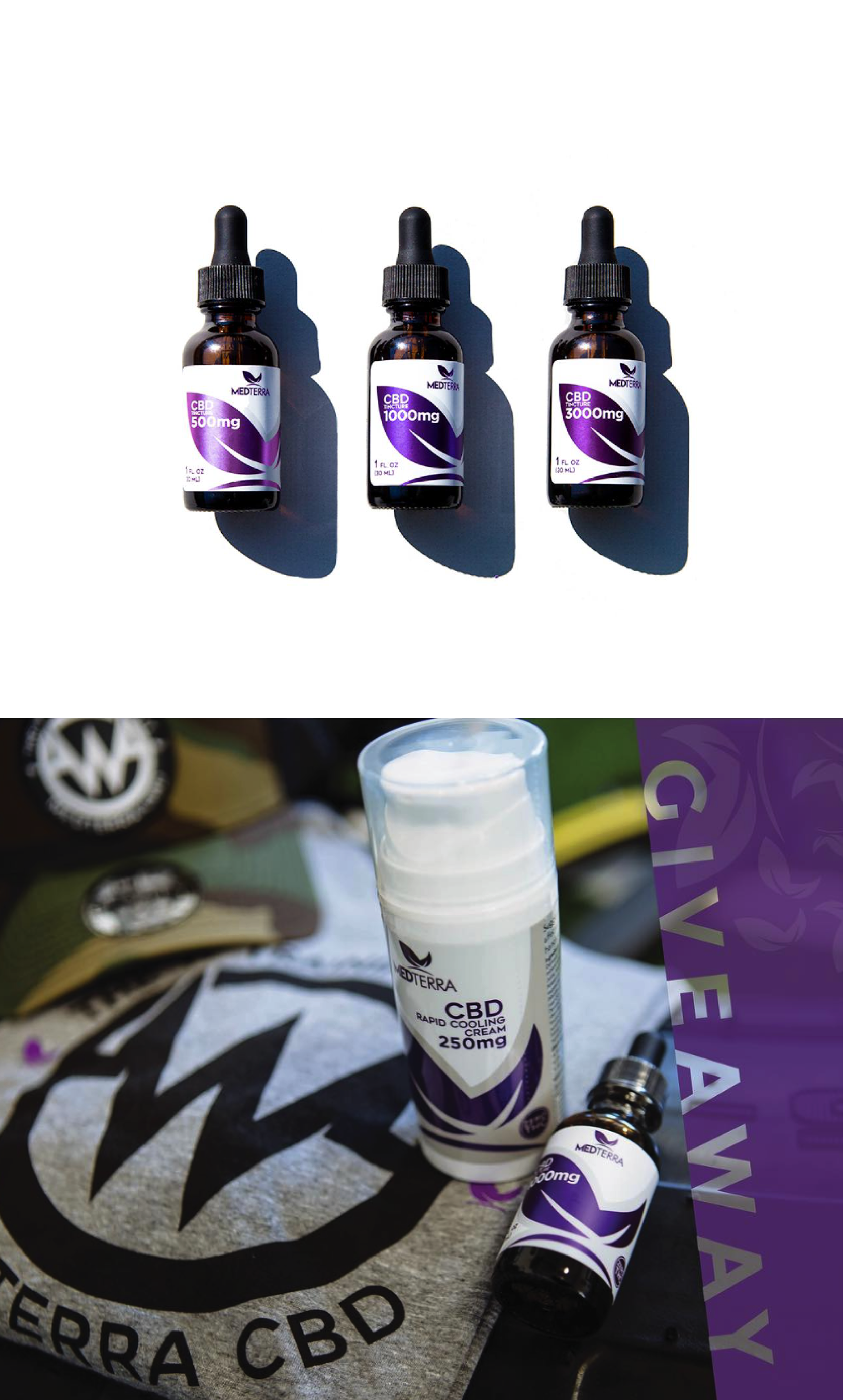 Three bottles of CBD tincture labeled with different strengths (500mg, 1000mg, 3000mg) on a white background and a bottle of CBD rapid cooling cream labeled 250mg on a surface with a logo, along with a partial view of a CBD product packaging.