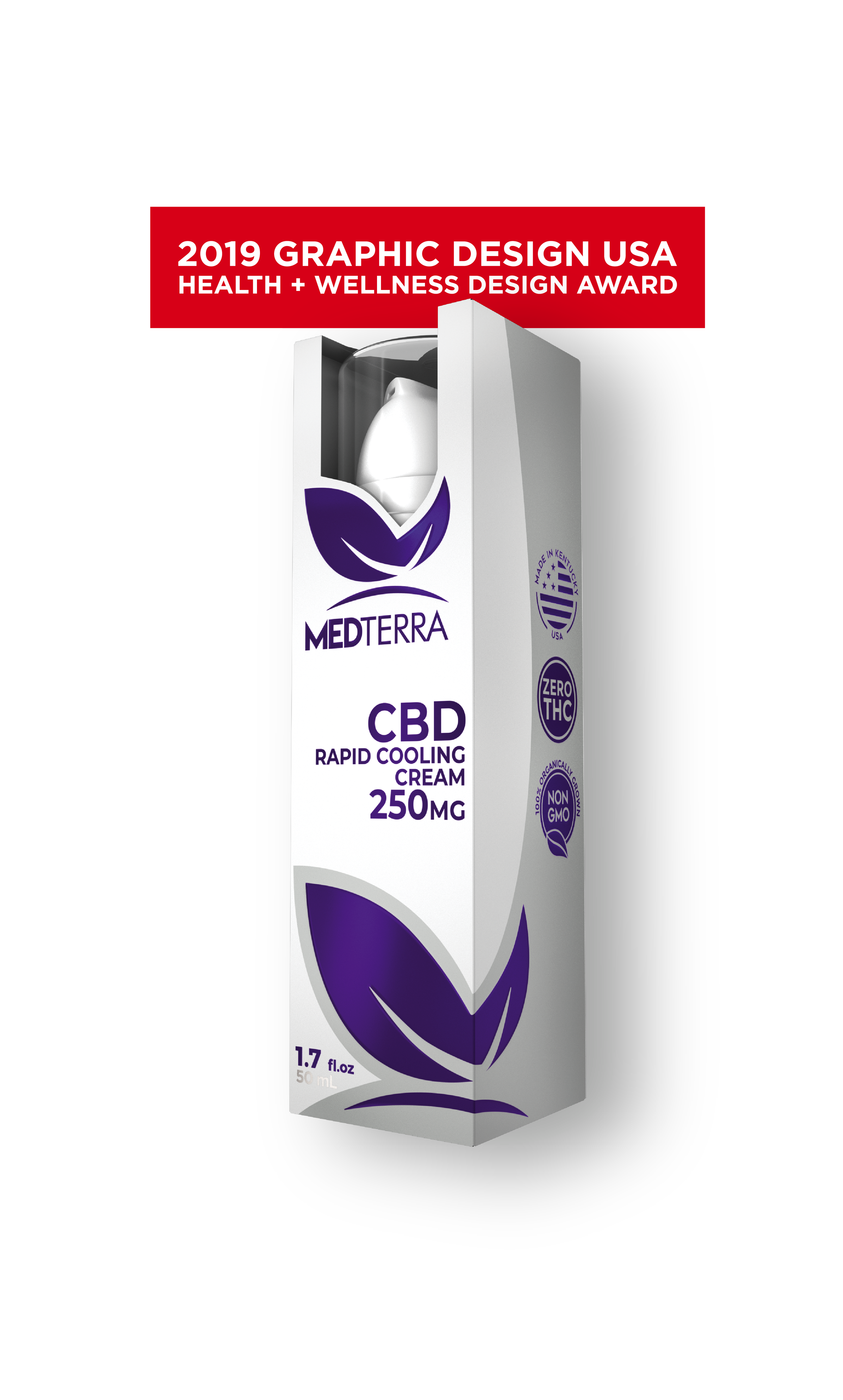 Packaging for Medterra CBD rapid cooling cream with 250mg, featuring purple and white design, health and wellness awards, and certification icons.
