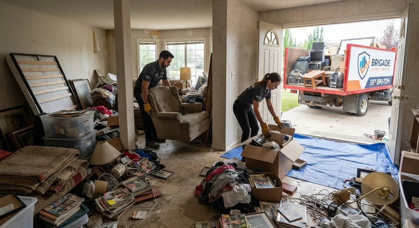 People cleaning cluttered living room with boxes and furniture, preparing for moving or renovation.