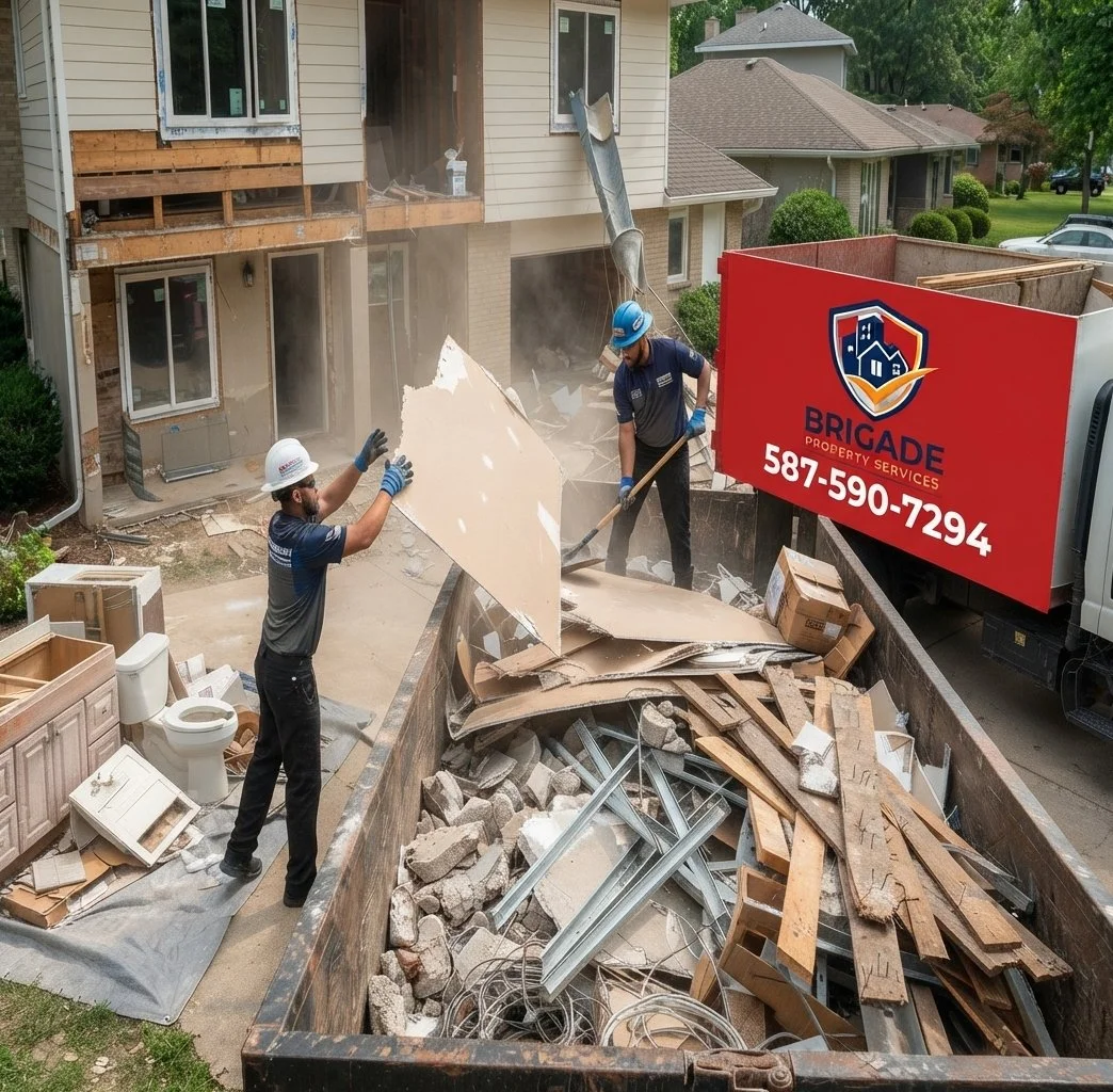 Workers demolishing part of a building's exterior with a dumpster filled with debris including wood, metal, and bricks, as a truck labeled "Brigade Property Services" assists with construction removal.