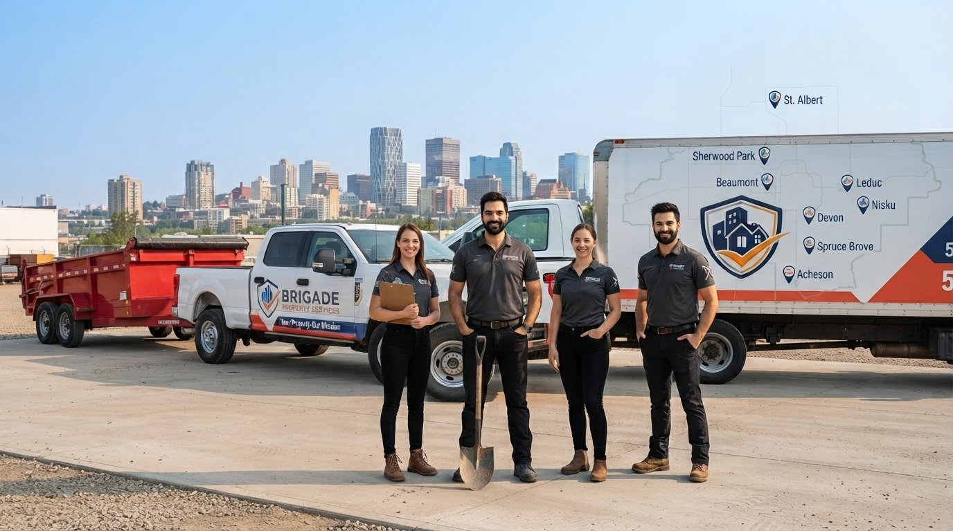 Four construction workers standing in front of a white utility truck, with a city skyline in the background. They are smiling, wearing dark shirts with logo patches, and one person is holding a clipboard. There is also a large trailer with a map and company logo.