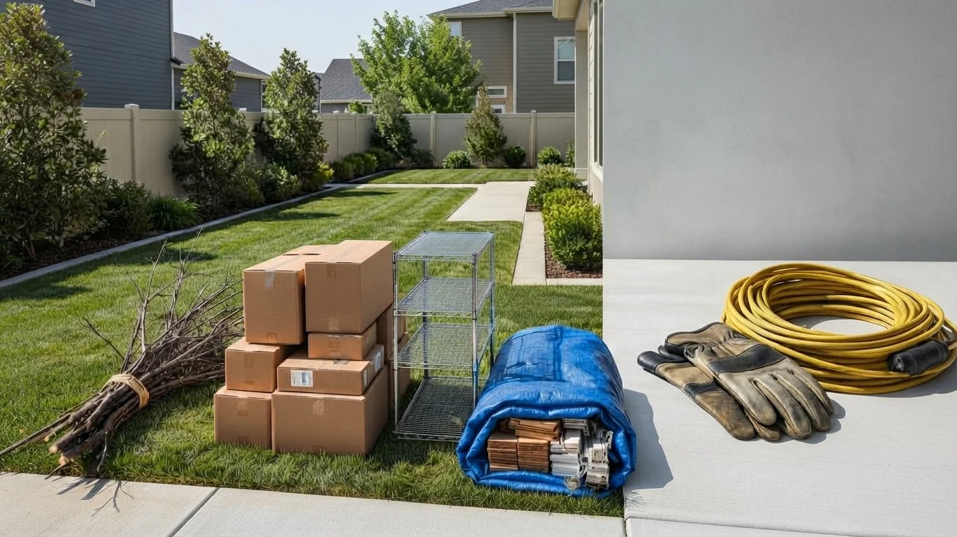 Yard tools and supplies on a patio, including a bundle of tools, packing boxes, a rolling cart, gloves, a yellow garden hose, and a rolled-up tarp or blanket, with a residential backyard in the background.