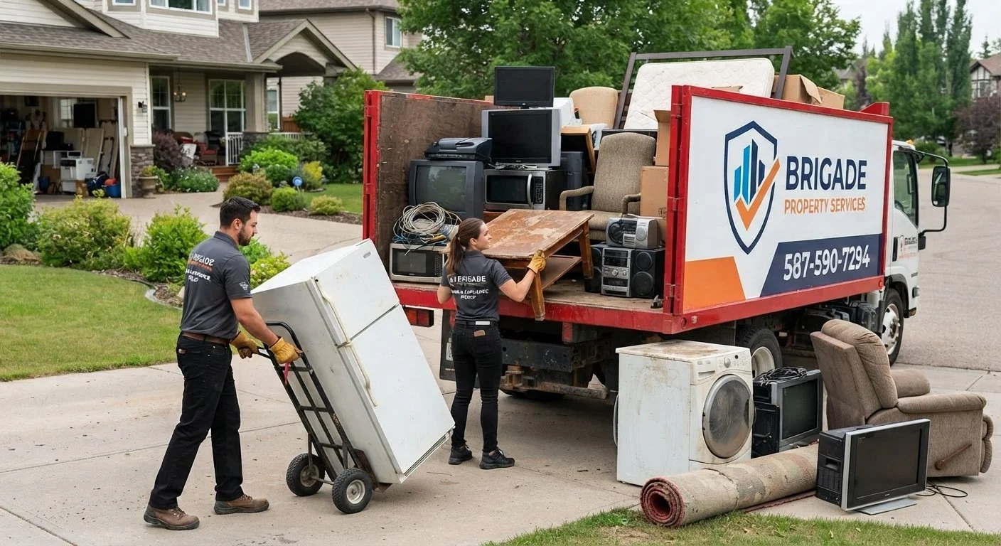 Two people loading discarded furniture and electronics onto a moving truck in a residential neighborhood.