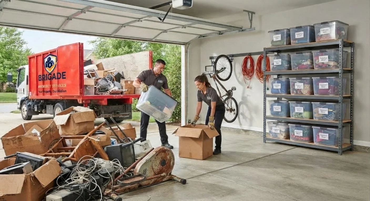 People organizing items in a garage, with a red truck outside labeled 'Brigade Property Services,' and shelves of labeled storage bins inside.