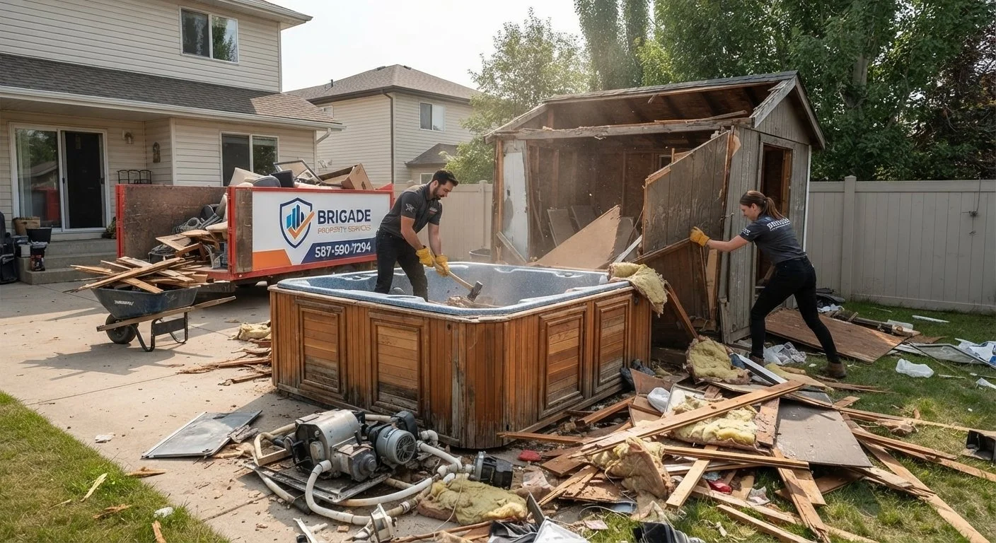 Two people demolishing a backyard hot tub and shed, with debris and tools scattered around.