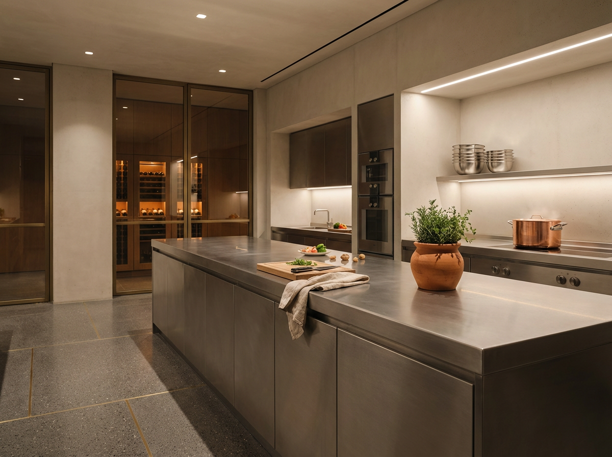 Modern kitchen with a large stainless steel island, a potted plant, a copper pot, and various kitchen tools on the counter