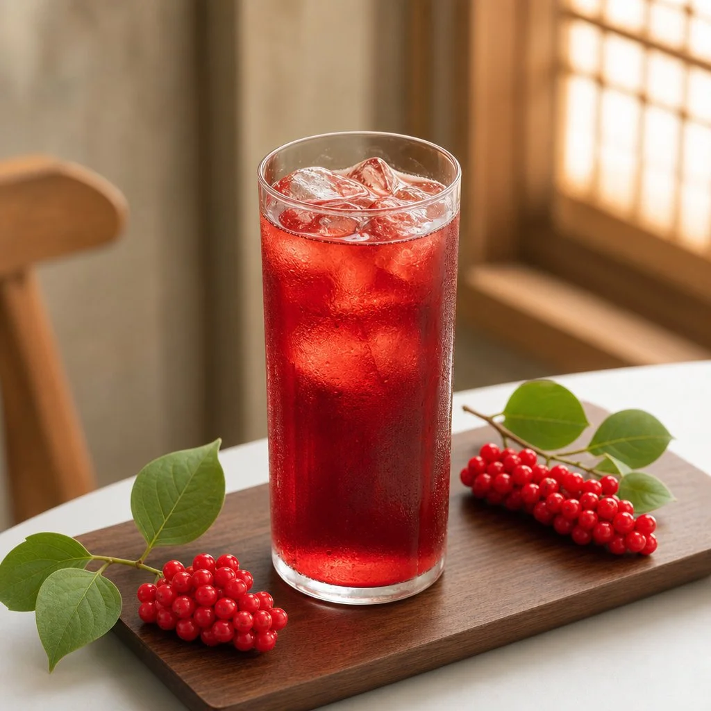 A tall glass of red Korean citron tea with ice on a wooden tray, decorated with red berries and green leaves, near a sunny window.
