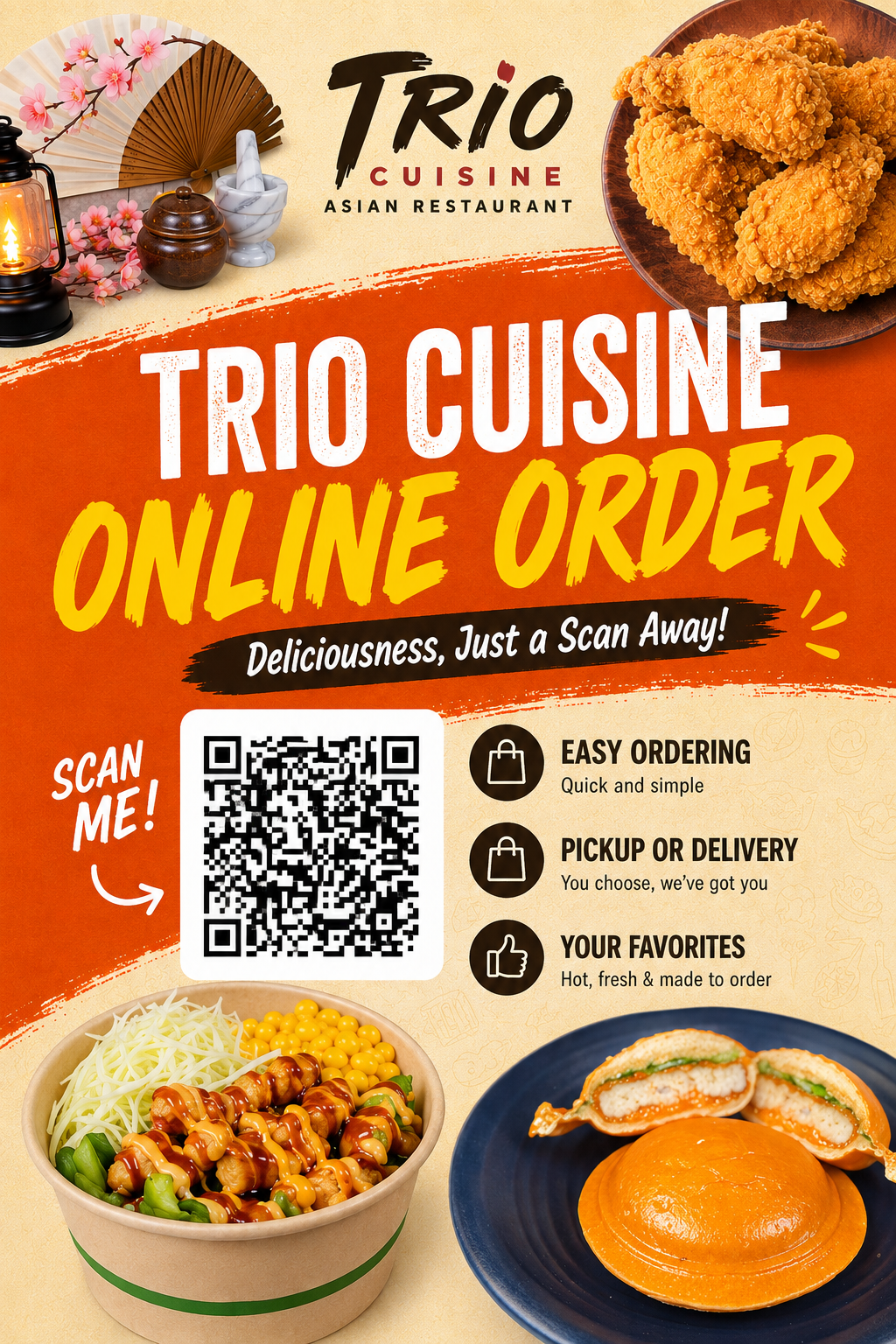 Flyer advertising Trio Cuisine Asian restaurant's online ordering service, featuring images of fried chicken, a noodle bowl with vegetables and sauce, and a sandwich with fried chicken and green herbs. Text highlights easy ordering, pickup or delivery, and favorite dishes.
