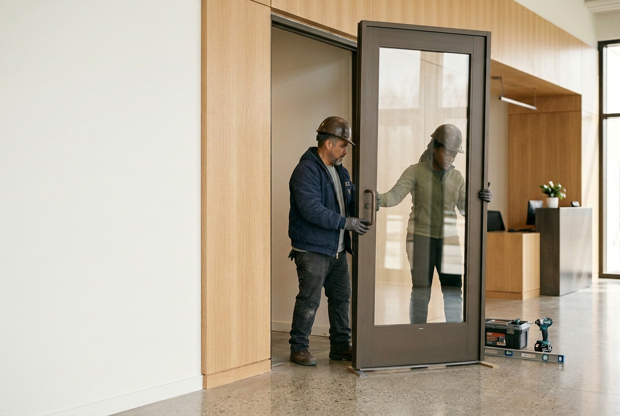 Two construction workers, one man and one woman, installing a glass door in a modern office building. Both are wearing safety helmets and gloves, with tools on the floor nearby.