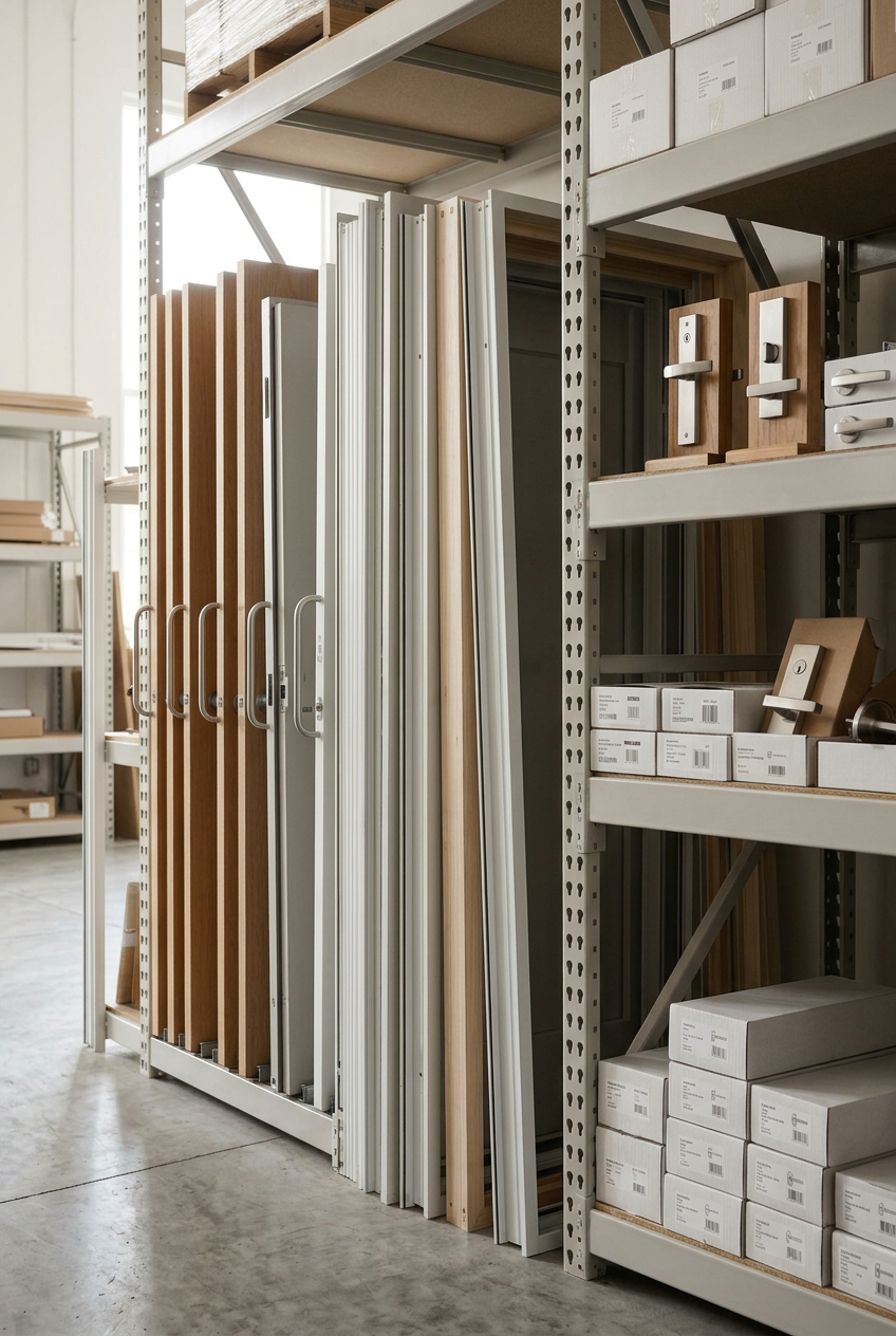 Metal storage shelves with various wood, metal, and cardboard panels and boxes in a warehouse or storage room.