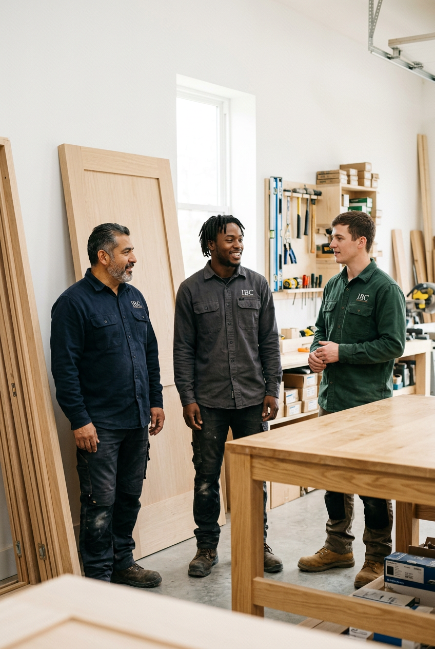 Three men in work shirts conversing in a woodworking workshop with wooden boards and tools in the background.