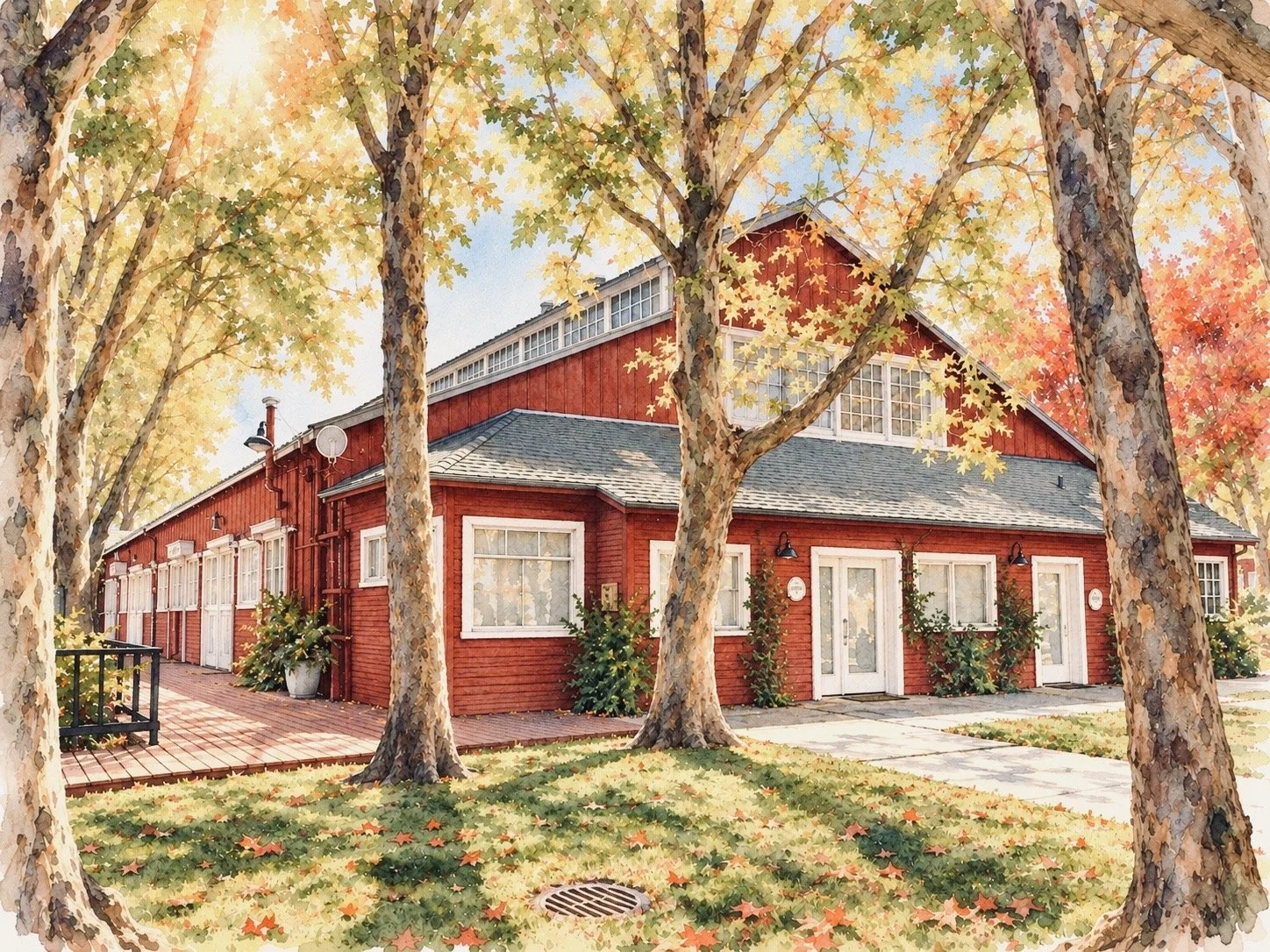 A red historic wooden building with white trim, surrounded by fall foliage and trees with yellow and orange leaves, with a brick pathway and potted plants in front. This is an image of the Old Sash Mill in Santa Cruz, California