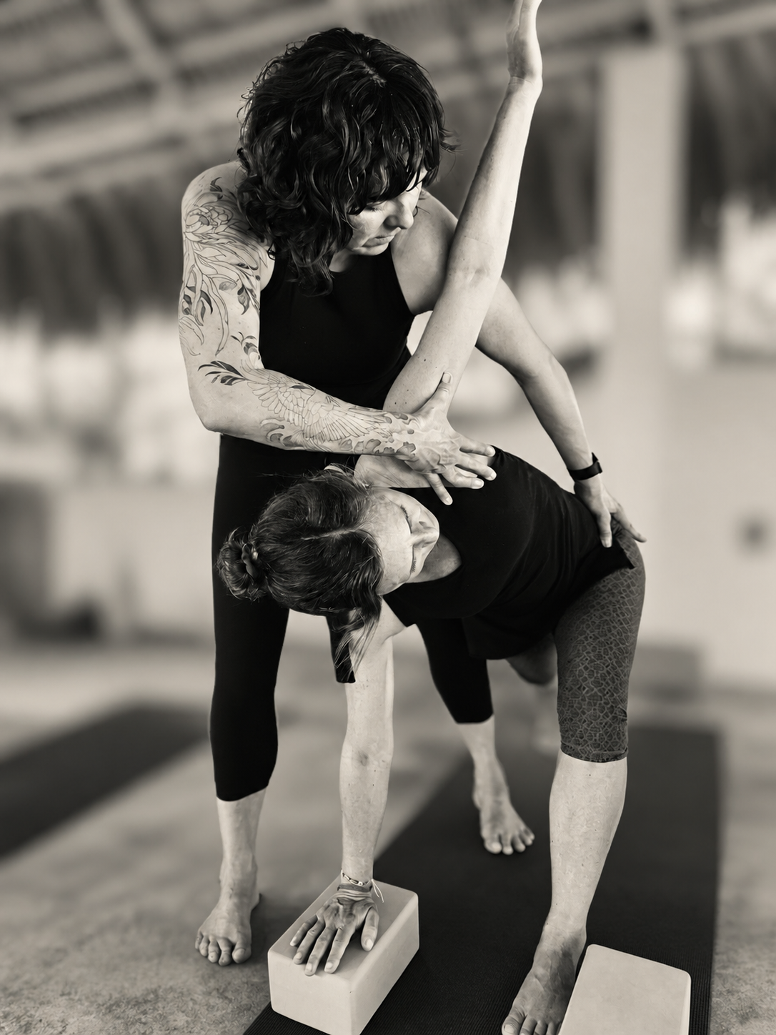 One women is practicing yoga in twisting triangle pose. Valerie Moselle is assisting her from behind with one hand on a shoulder and the other on a hip.  The first woman has her bottom hand on a yoga block.