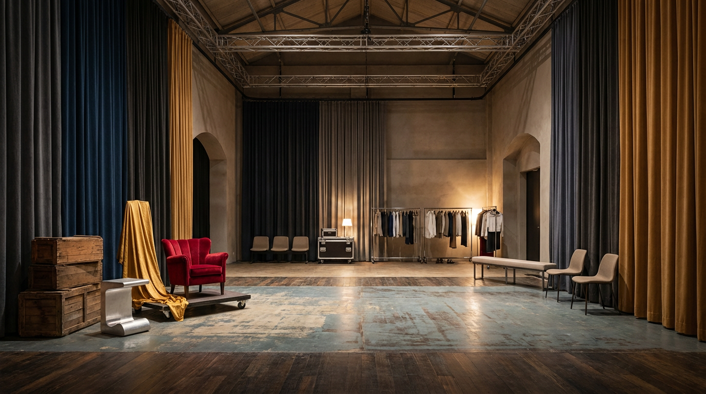 Empty stage or rehearsal space with curtains, chairs, and clothing racks, used for theatrical or fashion rehearsals.