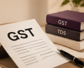 GST and TDS documents with a pen on a wooden surface.