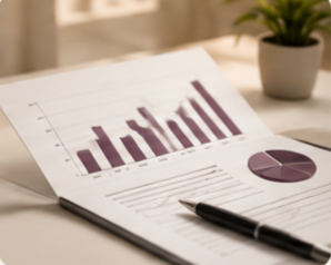 Open notebook with bar and pie charts, pen, and potted plant on desk