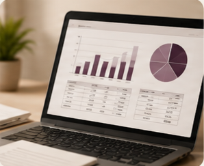 Laptop displaying financial charts, including bar graphs and pie charts, in a workspace with a plant in the background.