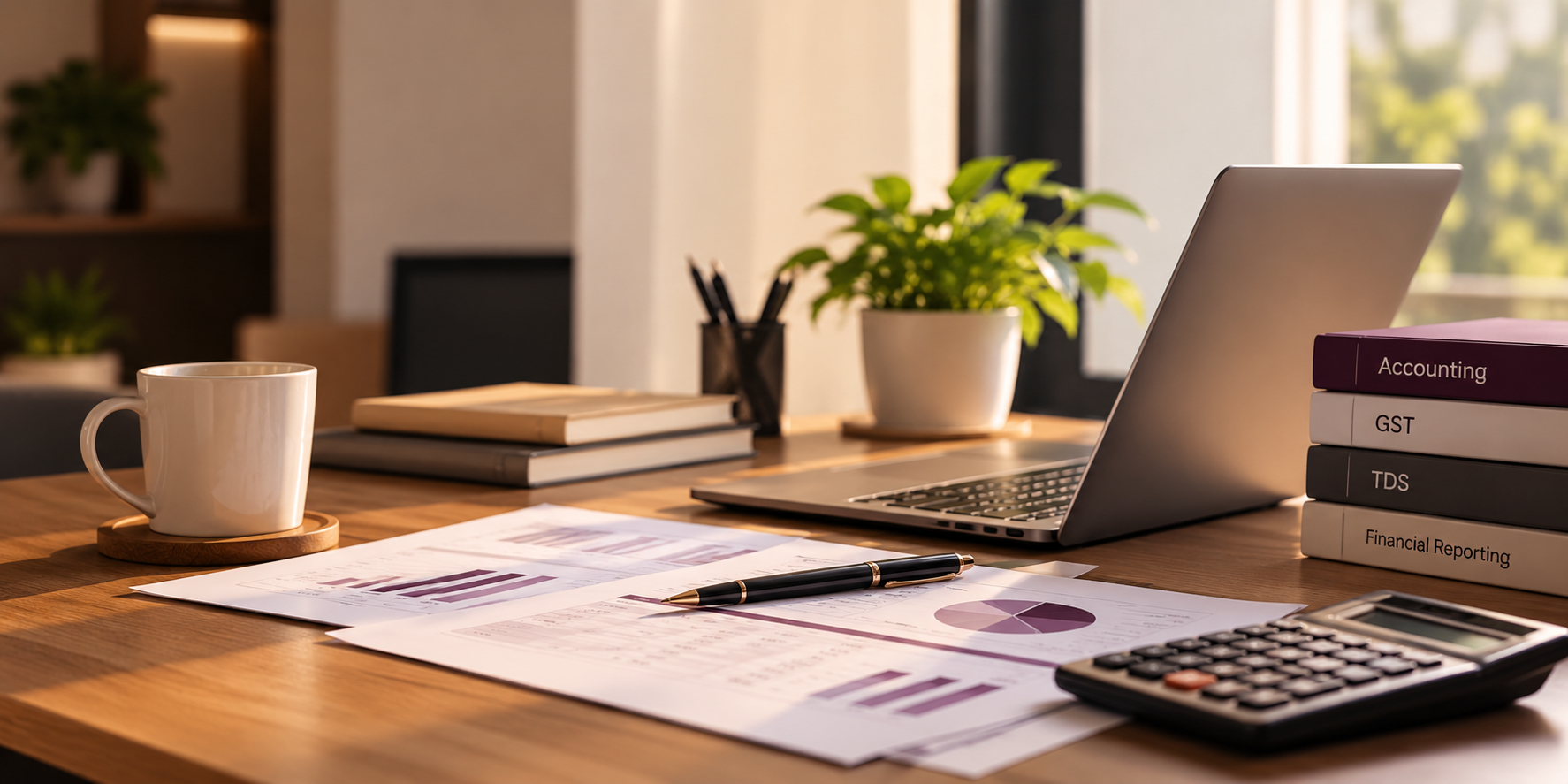 Accounting workspace with a laptop, calculator, financial reports and reference books.