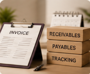 Stacked boxes labeled Receivables, Payables, and Tracking placed next to an invoice on a clipboard with pen, with a blurred background.