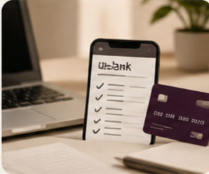 Bank reconciliation checklist on a phone beside a credit card and laptop.