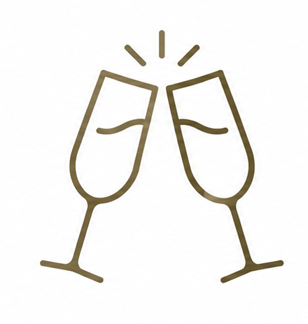 Illustration of two clinking champagne glasses with celebratory lines above them.
