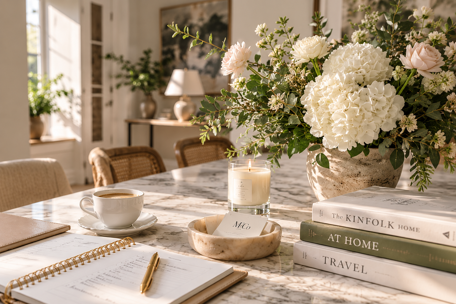 A marble dining table with a large floral arrangement of white hydrangeas, pale pink roses, and greenery in a beige vase. On the table, there is a lit white candle, a cup of coffee on a saucer, a notebook with a gold pen, and three stacked books titled 'The Kinfolk Home,' 'At Home,' and 'Travel.' In the background, there is a side table with a lamp and potted plants, and sunlight is streaming through the windows.