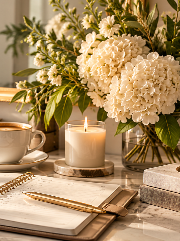 Decorative workspace with a large bouquet of white flowers, a lit white candle, a notebook with a gold pen, a cup of coffee, and a closed book on a marble table.