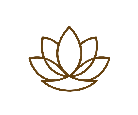 Outline of a lotus flower in brown on a black background.