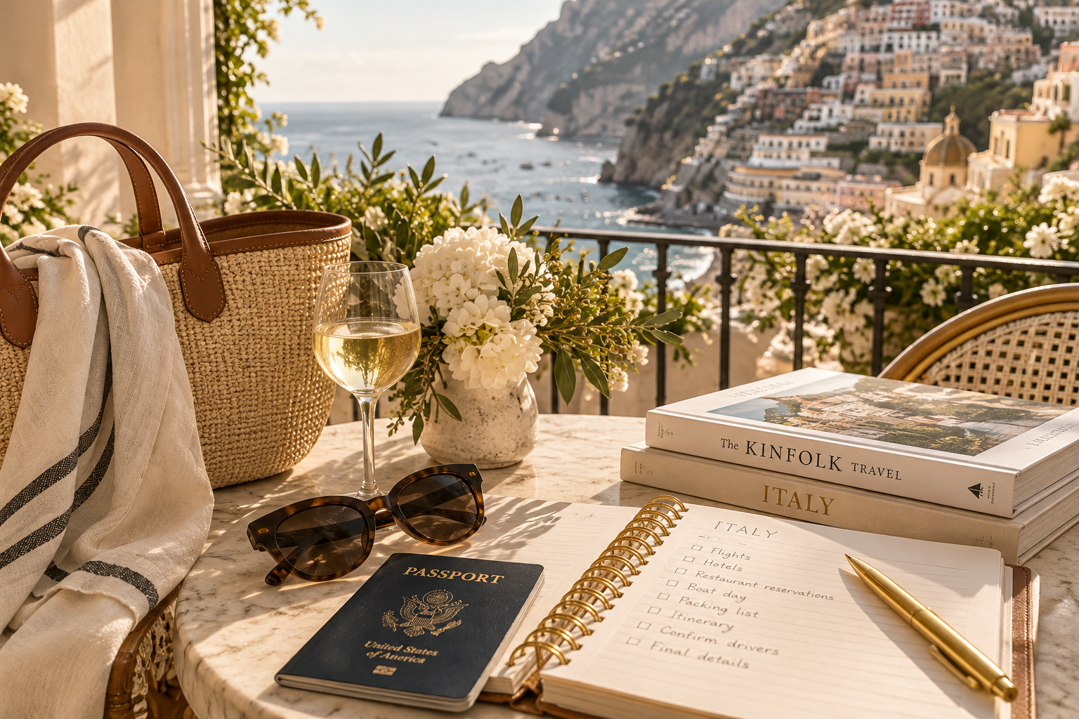 A table set for travel in Italy, featuring a United States passport, sunglasses, a pen, a travel itinerary, travel books, a glass of white wine, and a flower arrangement, with a scenic coastal view in the background.