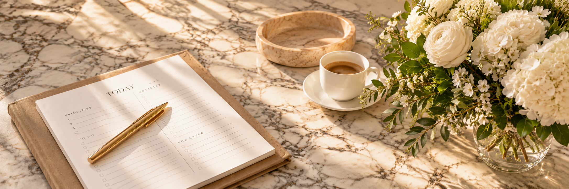 A marble table with a notepad, gold pen, cup of coffee, empty marble bowl, and a large bouquet of white flowers with greenery.